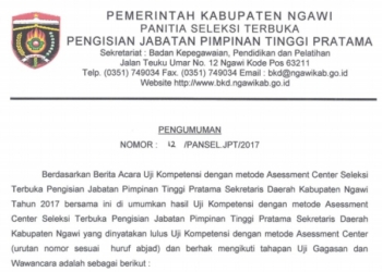Inilah Hasil Uji Kompetensi  Seleksi Pimpinan Tinggi Pratama Sekda Ngawi