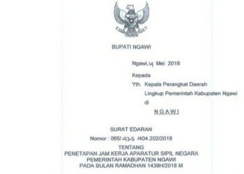 Surat Edaran Bupati Ngawi Tentang Penetapan Jam Kerja Pegawai Pemerintah di Bulan Ramadhan