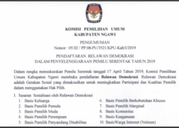KPU Ngawi Membuka Pendaftaran Relawan Demokrasi Pemilu 2019