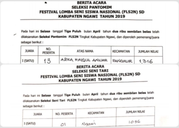 Azka dari Pangkur Juara 1 Pantomim dan Tim Kecamatan Ngawi Juarai Tari dalam FLS2N-SD Kabupaten Ngawi 2019